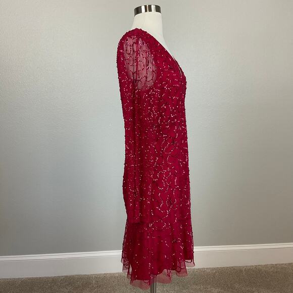 Adrianna Papell Red Sequin Long Sleeve Mini Cocktail Dress Size 10 V-Neck A-Line - Picture 3 of 14
